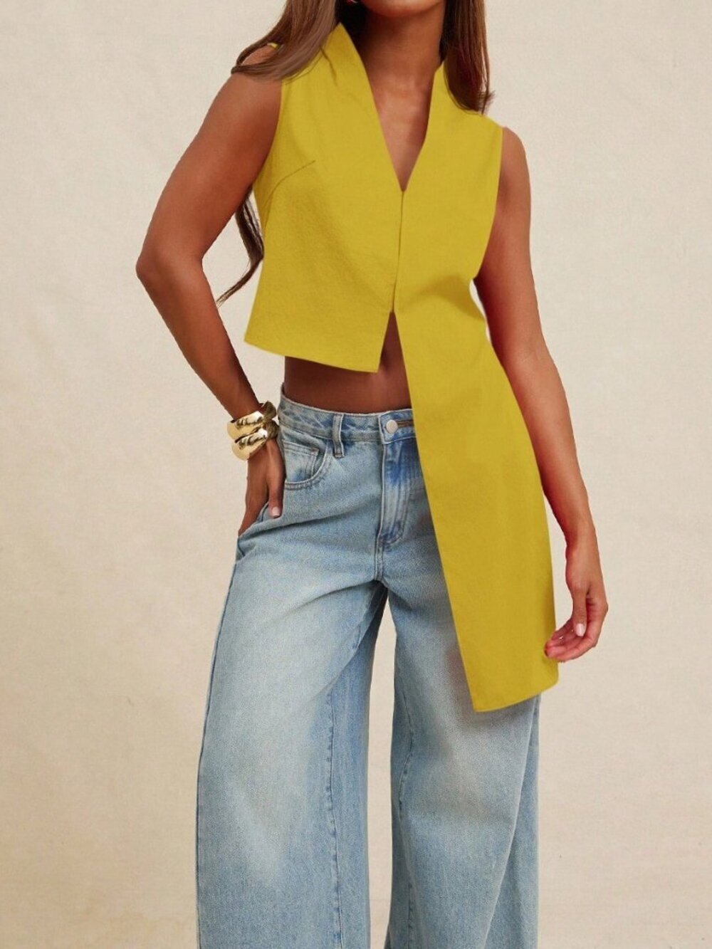 Yellow Casual Women's Top Sleeveless Asymmetrical Detail Top